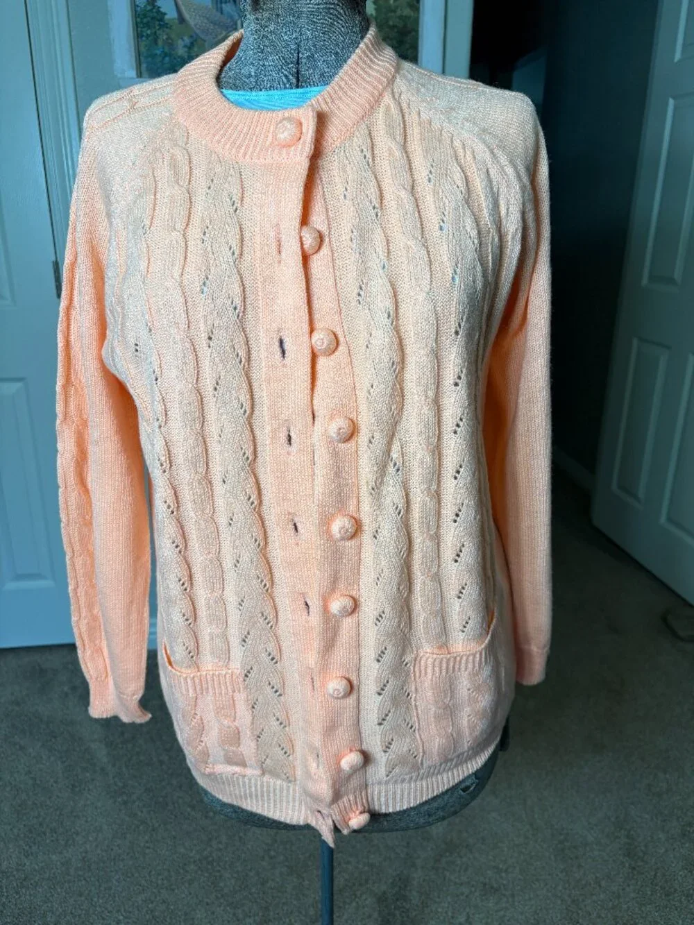 Vintage Cable Knit Peach Cardigan Sweater sz 40